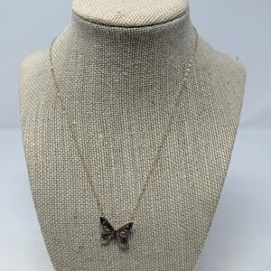 Two Tone Butterfly Pendant Necklace Silver Gold Tone Filigree 18 Inch Chain